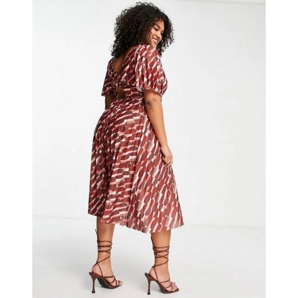 ASOS Design Curve Pleated Twist Back Cap Sleeve Midi Dress Abstract Print 20 NWT - Picture 4 of 16